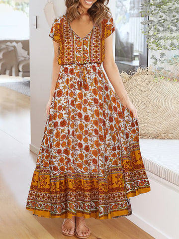 Woochic robe longue imprimé à fleurie v-cou bohème de plage orange Orange M